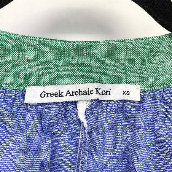 Greek Archaic Kori Long Sleeve Hi Low Tunic Womens XS Striped Linen Blue Green - Picture 5 of 6